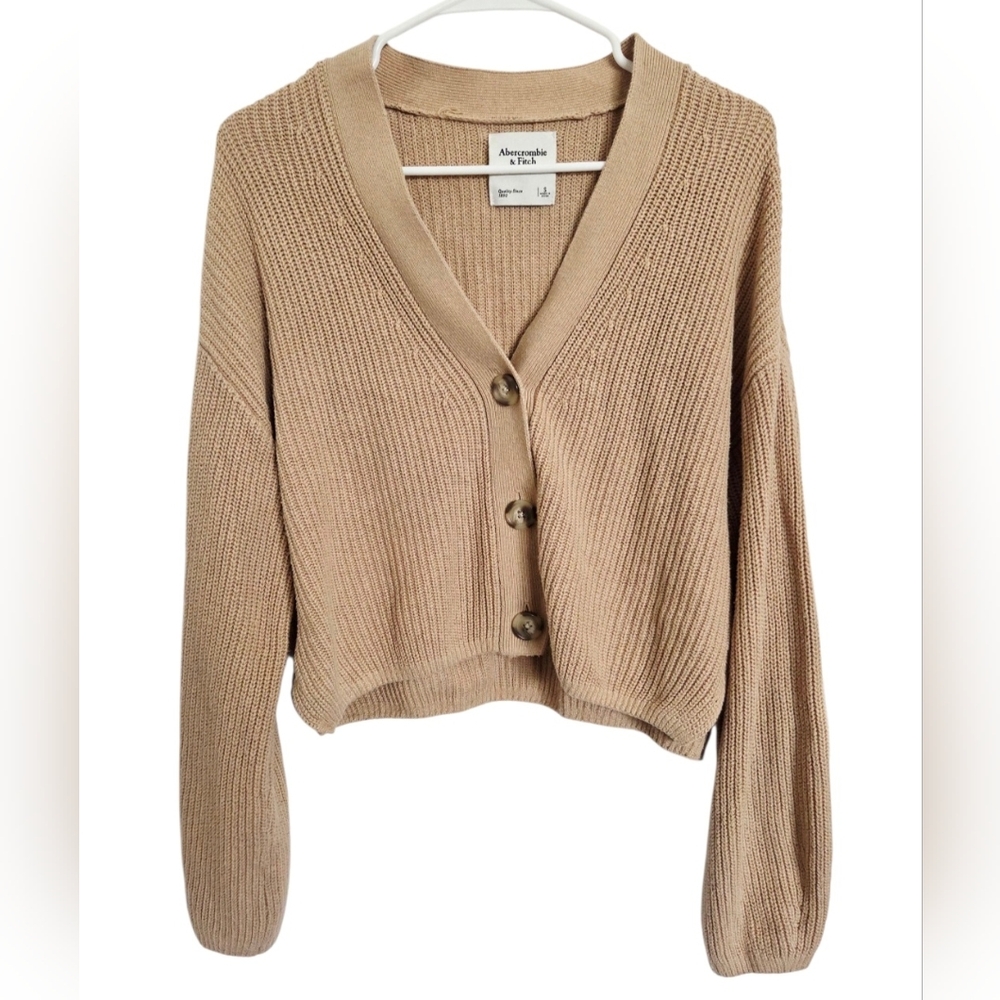 Abercrombie &Fitch Ribbed Button Front Cardigan Sweater Tan Beige S Cropped Boxy
